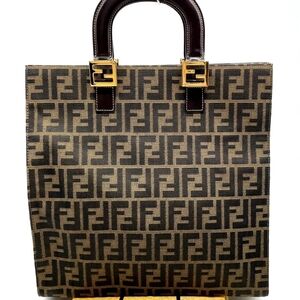 Auth FENDI Zucca Pattern FF Hardware logo Leather Brown Handbag.
